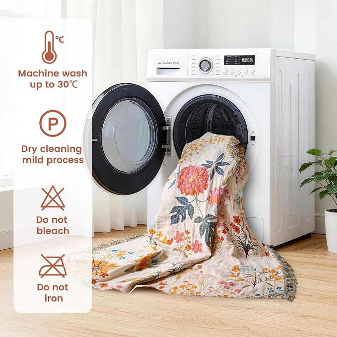MSGKV Boho Throw Blanket 50"x60" 100% Cotton Floral Chair Blanket for Couch | 100 Cotton Throw, Floral Garden Design, Muslin Blanket, Summer Breathable, Farmhouse Home Decor, All Season, Machine Washable