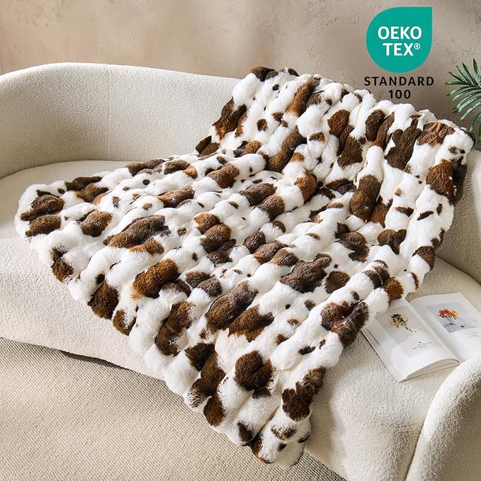 DOWNCOOL Faux Fur Throw Blanket for Couch, Ultra Soft Fluffy Fuzzy Plush Bubble Blanket for Sofa Bedroom Living Room, Cozy Warm Luxury Fleece Minky Blanket, 50x60 Inches Cow Print-Brown