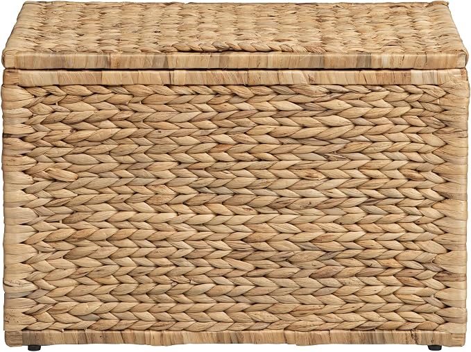 Storage Trunk with Metal Frame, Natural, 23.3 by 16.5 by 15.2 Inches | Safety Hinge, Heavy-duty Wicker Chest, Handwoven Water Hyacinth
