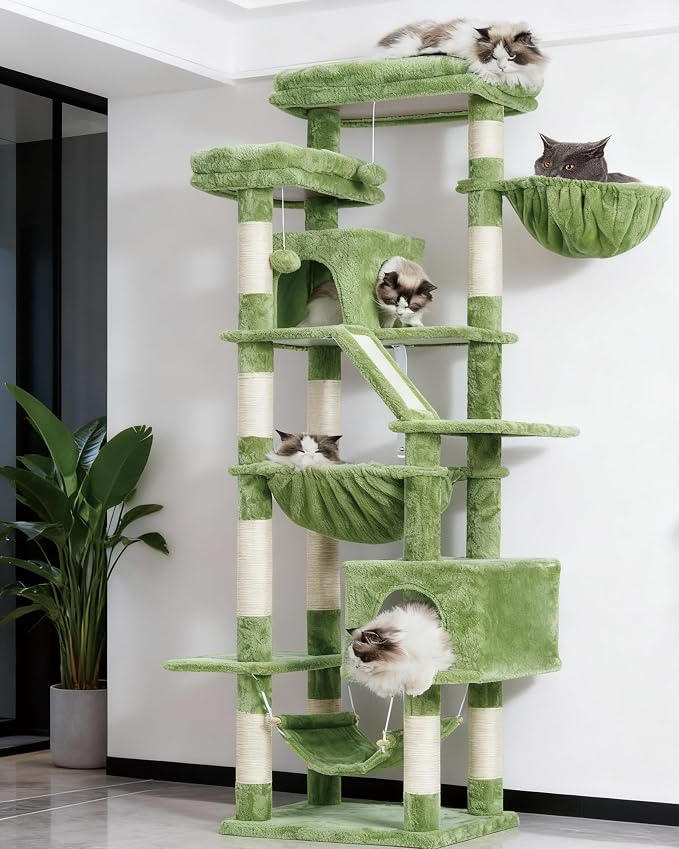 Heybly Cat Tree, 71-Inch-Tall Tower for Indoor Cats with 2 Perches HCT034GR | Large Cat Furniture with 2 Big Condos, 2 Hammocks, Basket, Scratching Pad, Multi-Level Cat Condo, Green