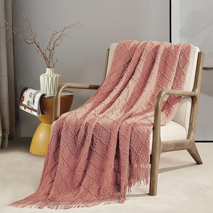BOURINA Coral Pink Throw Blanket 50 x70 Inch Jacquard Throw Knitted Blanket | Jacquard Argyle Throw Textured Solid Soft Throws and Blankets for Sofa or Bed Knitted Decorative Blanket