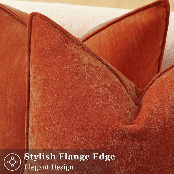 decorUhome Chenille Rust Velvet Throw Pillow Covers 26x26 Set of 2 | Fall Soft Euro Sham Couch Decorative Modern Farmhouse Pillow Cases with Elegant Design for Sofa Bed Living Room Home Decor
