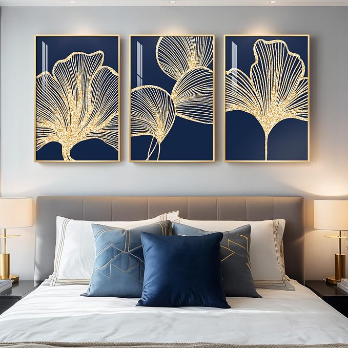Framed Modern Luxury Wall Art for Living Room, Large Navy Blue and Gold Ginkgo Leaf Artwork for Walls, 3 Piece Contemporary Bright Style Floral Prints for Bedroom Office Hallway Wall Decor, 24x36 Inch | Large navy blue leaf prints, Bright style crystal...