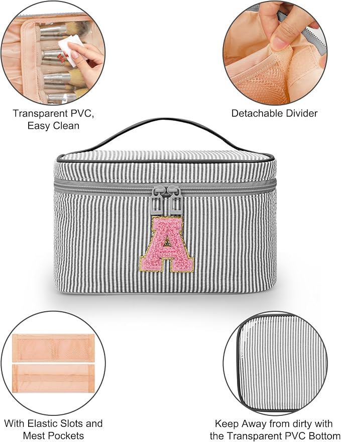 MONSTINA Personalized Initial Makeup Bag with Brush Holder for Women,Monogram Make Up Case for Girlfriend Bridesmaid Wife,Birthday Gift for Her Cute Toiletry Bag,2PCS,Black E