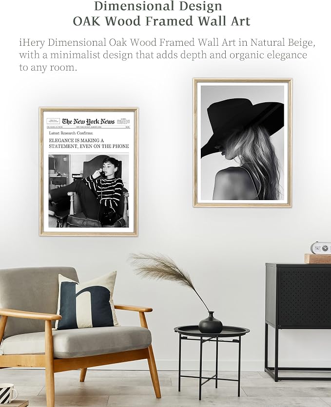 iHery 12x16in Audrey Hepburn On the Phone Framed Newspaper Wall Art | Natural OAK Wood Frame with Canvas Print, Vintage Elegance Decor for Bedroom, Living Room, Office and Gallery Wall, 1Pack