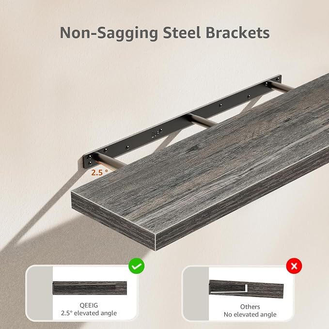 QEEIG Floating Shelves for Wall 35.4" Long - Wall Mounted Shelf Bathroom Kitchen Living Room Bedroom Farmhouse Home Decor Display Bookshelf Large 35.4 x 9.3 inch Set of 2, Grey (008-90GY)