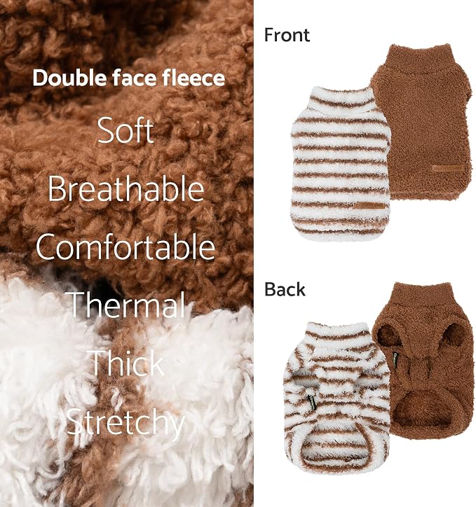 Fitwarm 2 Pack Striped Fleece Dog Sweater, Warm Winter Clothes for Small Dogs Boy Girl, Fuzzy Pet Outfit, White, Brown, XS