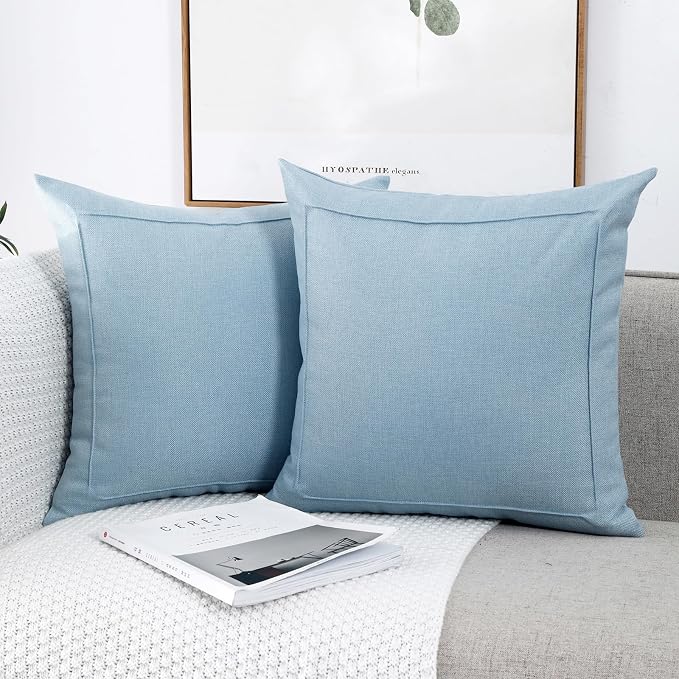 20x20 Inch Burlap Linen Throw Pillow Covers, Pack of 2 Decorative Farmhouse Rustic Neutral Pillow Covers Square Durable Cushion Cover for Sofa Couch Bed Home Decor, Baby Blue