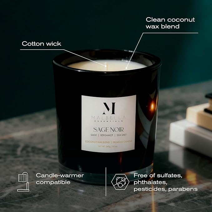 Candle & Warmer Set – 8.5 oz Coconut Blend Luxury Candle + Hand Blown Glass Lamp Warmer | Modern Self-Care Gift Set | Flameless Aromatherapy (Chrome, Sage Noir)