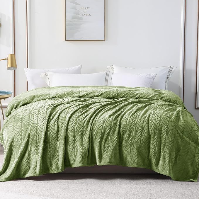 Whale Flotilla Soft Flannel Fleece Bed Blanket Queen Size, Olive Green | Cozy Lightweight Breathable Coverlet, Plush Fluffy Bedspread, Vintage Pattern Decorative Blanket for Bed, All Season, 90"x90"