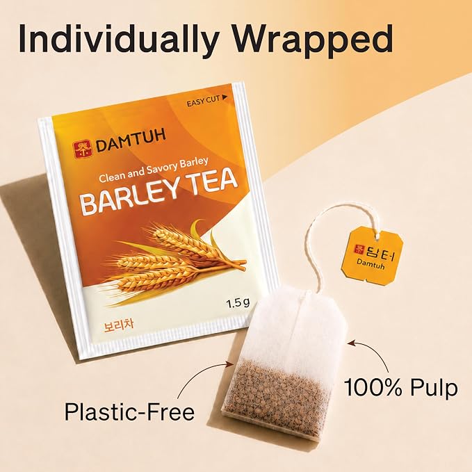 Damtuh Korean Roasted Barley Tea Bags, Caffeine-Free, 100 Count | Value Pack 100 Bags | Boricha | Mugicha | All Natural | Sugar-Free | Vegan | Hot or Iced | Nutty Flavor