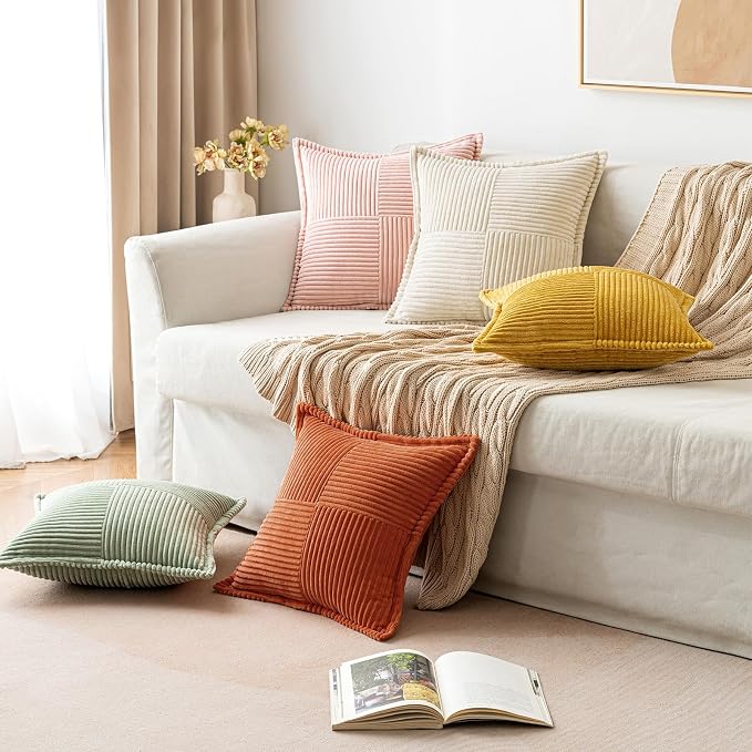 MIULEE Fall Burnt Orange Decorative Throw Pillow Covers for Couch 16x16 in | 2 Pack, Terracotta Boho Broadside Striped Patchwork Pillow Covers, Soft Corduroy Cushion Cases, For Sofa Bed Livingroom