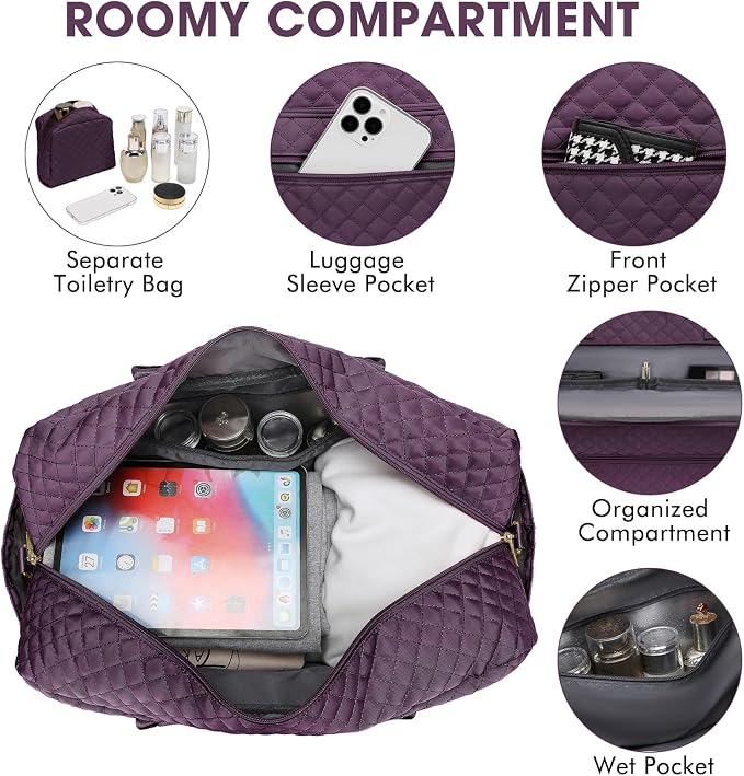 Travel Duffle Bag Weekender for Women - 38L Carry-On Overnight Personal Item Bag with Shoe Compartment & Wet Pocket Weekend Tote Bags with Toiletry Hospital Bags for Labor and Delivery