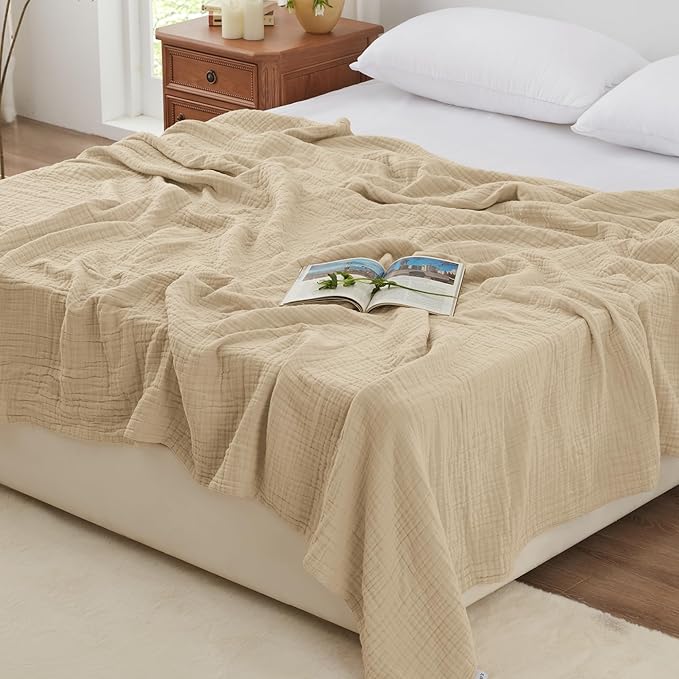Love's cabin 100% Cotton Muslin Blanket, 6 Layer Lightweight Breathable Gauze Queen Size Blanket 90 x 90 Inches, Soft All Season Blanket for Bed, Khaki