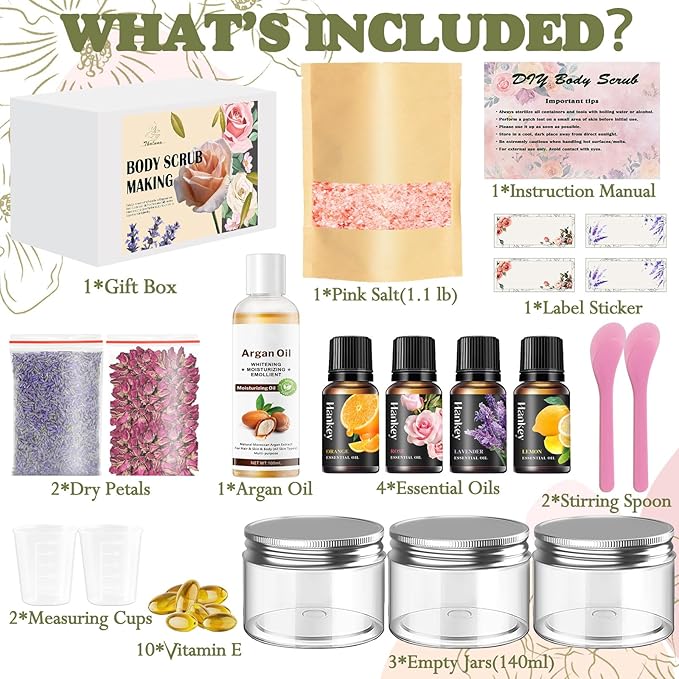 THALUNA Body Scrub Making Kit, Salt DIY Body Scrub Kit to Make Your Own Spa Kit with Pink Salt, Argan Oil, Essential Oils, Moisturizing Gentle Exfoliating Bath Sets for Women Gift Christmas Gift Girls