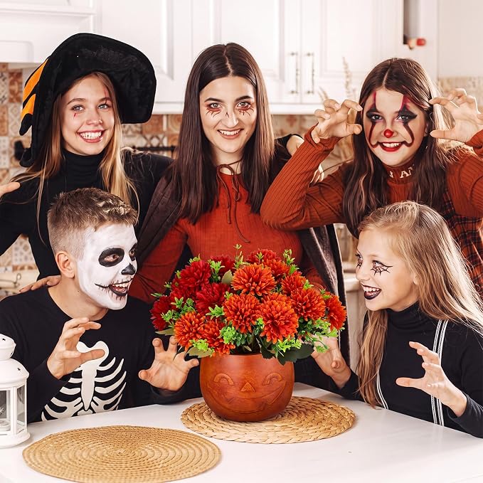 SiliFine Halloween Pumpkin Bucket with Artificial Flowers Halloween Vase | 6 Inch, Pumpkin Vase Planter Pot, Halloween Floral Centerpiece, Halloween Candy Holder, Desktop, Indoor Outdoor Holiday Decor