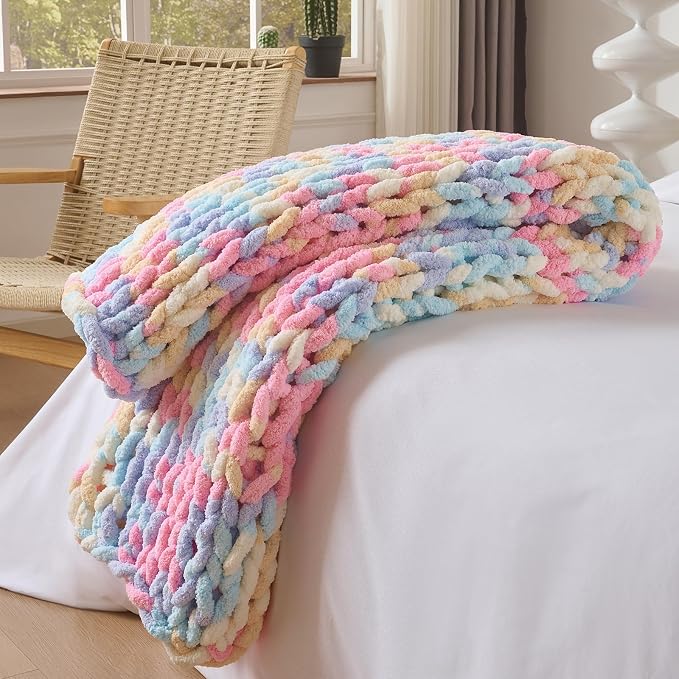 Bigacogo Chunky Knit Throw Blanket for Couch, 40x60 inches, PastelDreamMix | Hand Knit with Jumbo Chenille, Soft Breathable Cable Knit for Sofa Bed Living Room, Machine Washable, Gift for Mom Friend