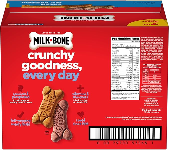Milk-Bone Peanut Butter Flavor Biscuits, Small Dog Treats, 7 Lb. | Naturally and artificially flavored, 3 tail-wagging flavors, 250+ biscuits, 15% protein