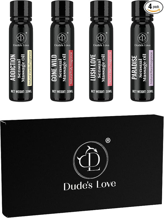 Organic Sensual Safe to Lick Body Massage Oils for Couples - Gift Set Romantic Date Night – Non Greasy No-Stain Fractionated Coconut Oil Quick Absorbing Smooth Glide Trial Pack of 4-120 ML/4 Fl Oz