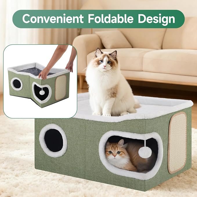 Shikha Extra Large Cat House Bed for Multi Cats with Scratch Pad Green | 24 x 17.7 x 12.6 IN Widen Cat Cave Cube for Multi Pets, Foldable, Arc-Edge Design, Oval Door, All Seasons Reversible Cushion