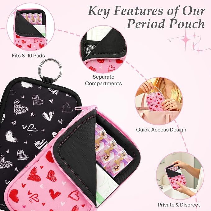 KJQJLY 2 Pack Portable Tampon Organizer Bag Tampon Holder & Storage Case with Zipper for Travel, Discreet Period Bag for Purse, Waterproof Feminine Products Pouch for Women (Love)