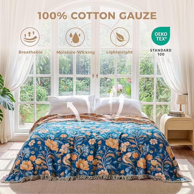 LUTBM Boho Throw Blanket for Bed 60"x80", All Season Cotton Couch Blankets | Blue Reversible Floral Birds Jacquard, Soft All-Season Twin Lightweight Quilt, For Chair Sofa Bedroom Living Room, Home Decor