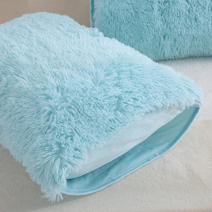 REAFORT Long Hair Faux Fur Standard Shams 20"x26", Envelope Closure (Aqua) | Ultra-soft long hair faux fur with an envelope closure offers plush comfort and is machine washable for easy care.