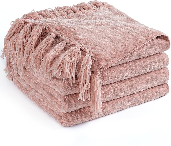 Chenille Throw Blanket for Couch 50" x 60", Dusty Pink | Soft Cozy Throws with Fringe Tassel, for Living Room Bed Sofa Chair Cover, Lightweight Knitted Boho Blankets Christmas Decor
