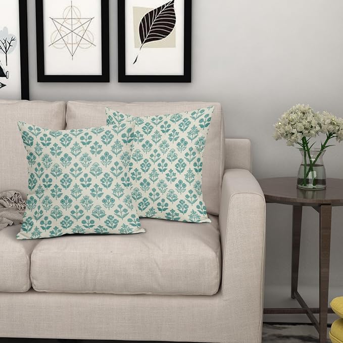 Teal Floral Pillow Covers 22x22 Inch Set of 2, Vintage Flower Block Print Pattern Decorative Throw Pillowcases Outdoor Farmhouse Cushion Covers Spring Summer Rustic Sofa Couch Bed Decor