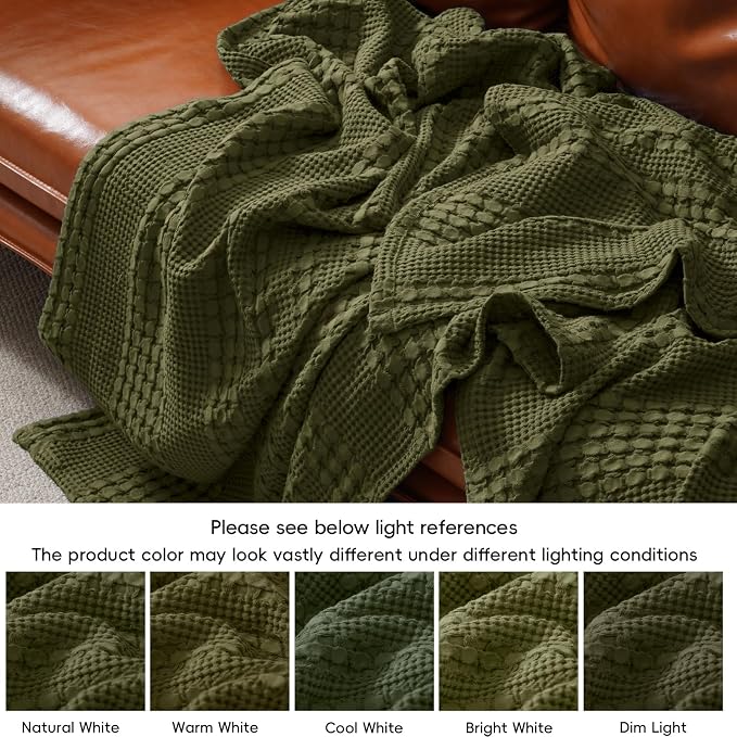 PHF 100% Cotton Waffle Weave Blanket Queen Size, Lightweight Breathable Summer Blanket for Hot Sleepers, Pre-Washed Soft Layer for Bed, Couch, Aesthetic Home Decor & Gift, 90"x90", Capulet Olive