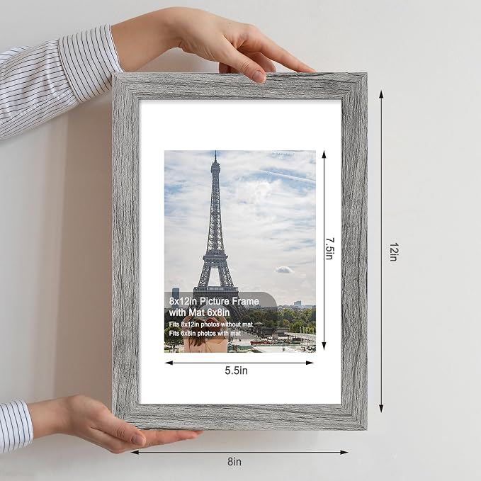 Hongkee 8x12 Picture Frame Set of 4, Made of Glass and Grey Wooden Frame - Display 6x8 Picture with Mat or 8 x 12 Poster Without Mat, 8 by 12 Photo for Wall or Tabletop