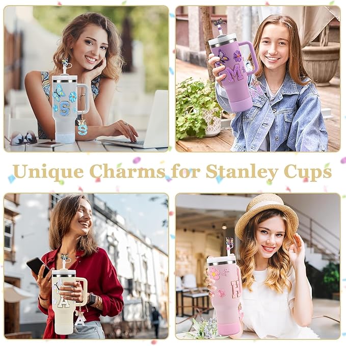 15PCS Cup Accessories Set for Stanley Cup 30oz 40oz Tumbler with Handle, Including Silicone Straw Cover and Boot, Spill Proof Stopper, Stanley Charms, Handle Charm, Initials Sticker