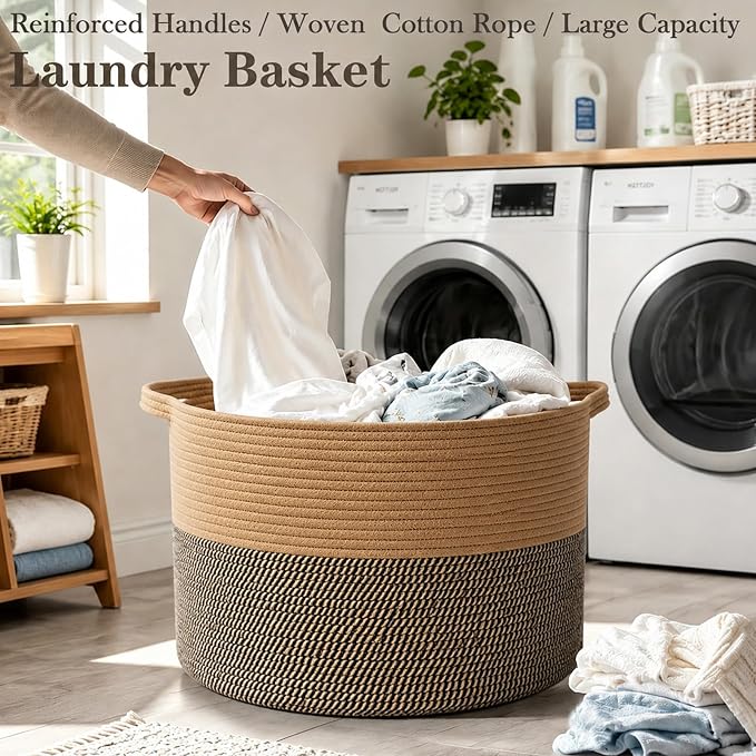 115L Extra Large Blanket Basket,Woven Laundry Basket-Jute&Black | Collapsible, reinforced handles, nursery storage bin organizes clothes, toys and pillows for living room, bedroom bathroom