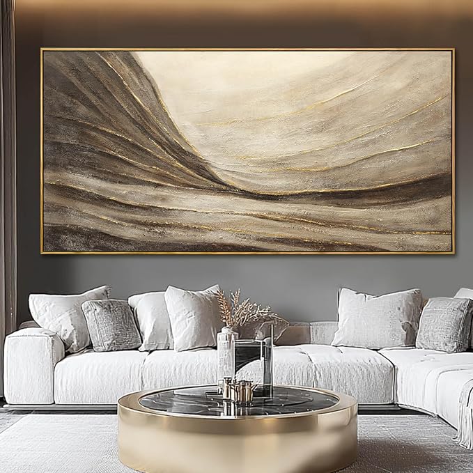 Large Framed Brown Abstract Gold Wall Art for Living Room 29x58 Inch