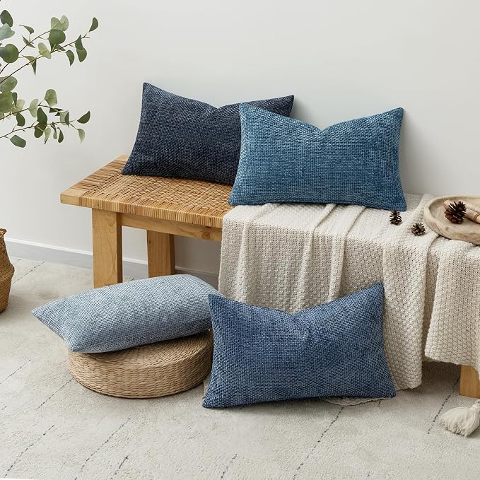MIULEE Decorative Chenille Lumbar Pillow Covers Blue Series 12x20 | Pack of 4, Modern Coastal Decor, Blue Gradient, Couch Throw Pillows, Farmhouse Boho Cushion Covers for Sofa Bed Living Room