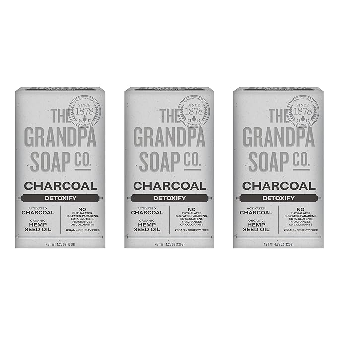 The Grandpa Soap Company Charcoal Bar Soap - With Activated Charcoal Hemp Seed and Mint Oil, Detoxifies, Draws Out Dirt and Toxins, Clear Congested Pores, Vegan, 4.25 Oz, 3 Pack