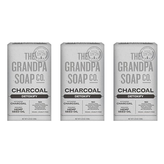 The Grandpa Soap Company Charcoal Bar Soap - With Activated Charcoal Hemp Seed and Mint Oil, Detoxifies, Draws Out Dirt and Toxins, Clear Congested Pores, Vegan, 4.25 Oz, 3 Pack
