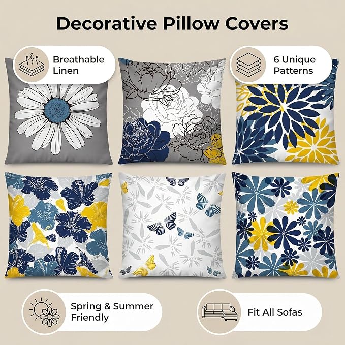 COMMINY Navy Blue Orange Pillow Covers 20x20 Set 6 Farmhouse Throw Cover | Daisy Dhalia flower, Large Throw Pillow Size, Breathable Linen, Bedroom Accent Couch Sofa Spring Summer Decor