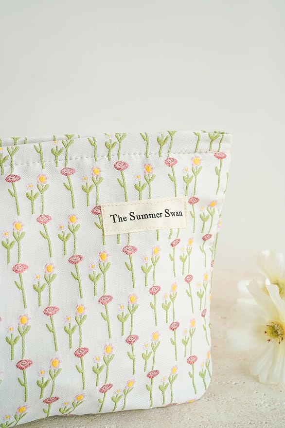 The Summer Swan Large Aesthetic Makeup Bag | Floral Makeup Bag | Mid-Day Clutch | Period Kit Bag | Hygiene Bag | Skincare Bag (Morning Buds)
