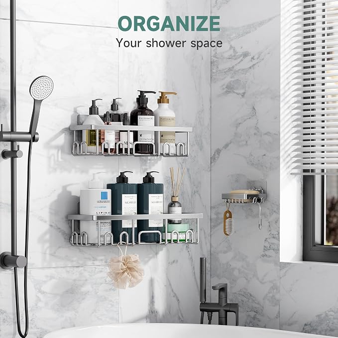 Veken Shower Caddy 3-Pack, Advanced Rustproof Design, No Drilling Adhesive Shelves, Rack with Soap Holder, Large Capacity Bathroom Organizers and Storage, Wall-Mounted Kitchen & Home Decor