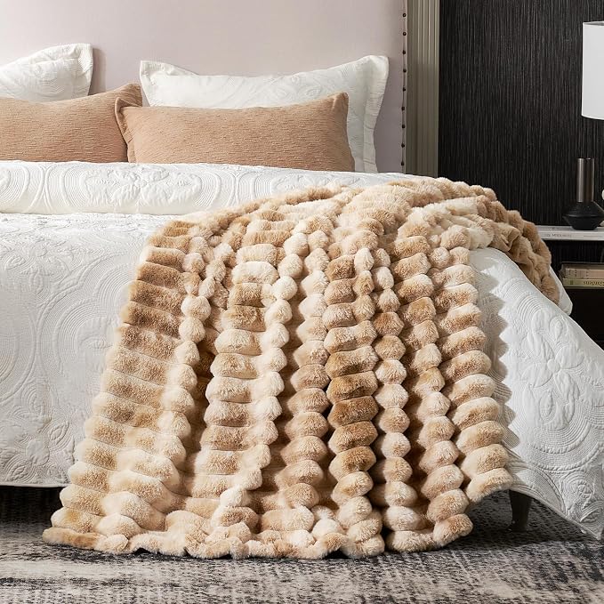 Cozy Bliss Faux Fur Throw Blanket for Couch, Cozy Warm Plush Striped Blanket for Sofa Bedroom Living Room, 50 * 60 Inches Tie-dye Khaki
