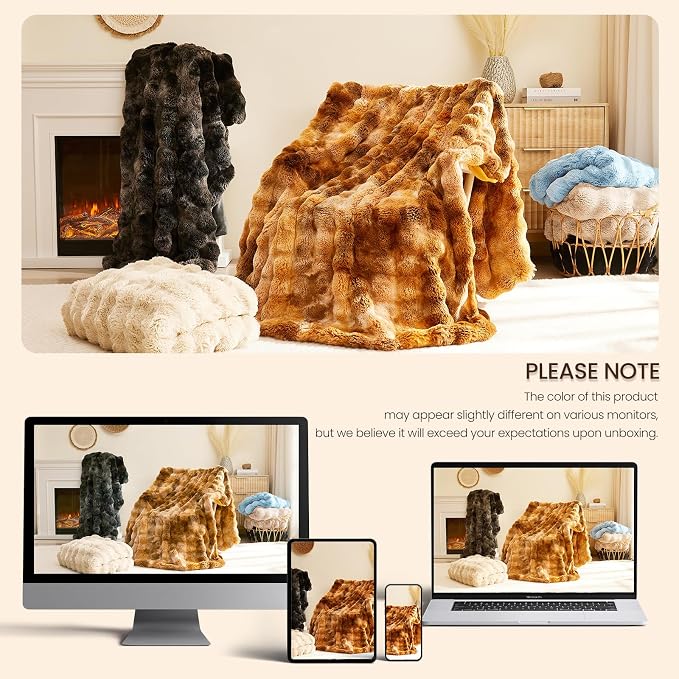 L'AGRATY Faux Rabbit Fur Throw Blanket for Couch, 50'' x 60'', Black | Soft Cozy Bubble Fluffy Blanket for Sofa Bed, Thick Warm Plush Fuzzy Throw for Room Home Decor, Luxury Gift for Women Mom