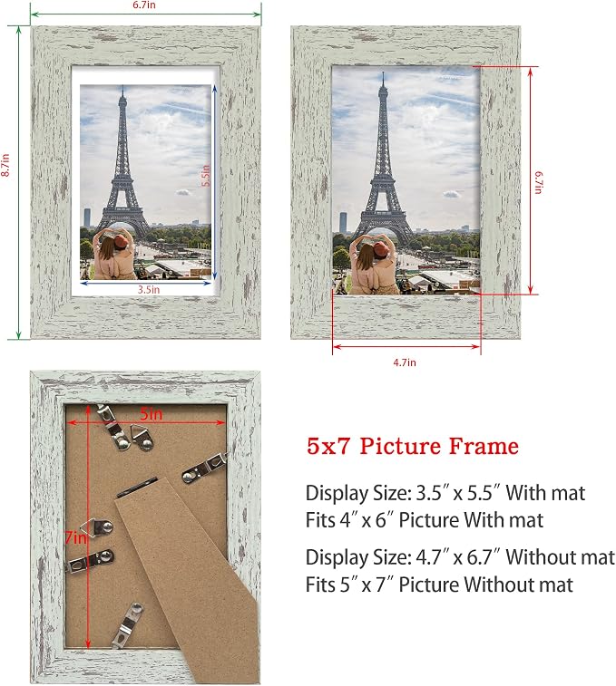 Hongkee 5x7 Picture Frame Set of 4, Made of Real Glass and Sage Green Wooden Frame, 5 by 7 Photo for Wall or Tabletop - Display Picture 4x6 with Mat or 5x7 Without Mat