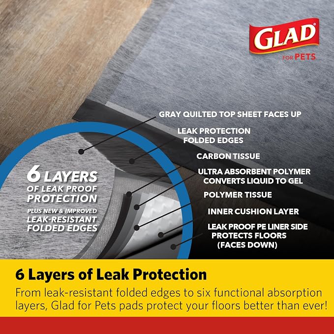 Glad for Pets XL Charcoal Training Pads, Heavy Duty, 24x24 in, 30 Count | Quick-dry quilted top and leak-resistant layers for indoor potty use and crate liners, 24 x 24 in