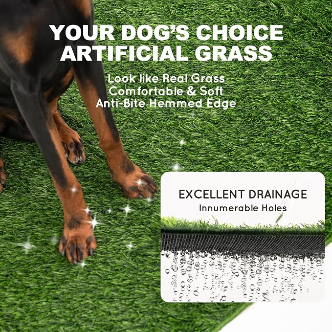 HQ4US Dog Grass Pad with Tray, Odor Free Grass Pee Pad for Dog Litter Box | Small Dog Potty Tray No Grate, Artificial Grass Fast Drainage, Hemmed Edge, Realistic, Fake Grass for Indoor Balcony