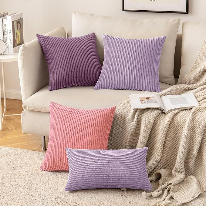 MIULEE Decorative Corduroy Throw Pillow Covers Set of 2 18x18 Lavender | Soft Striped Textured Cushion Cases, Boho Energetic Vibe Pillowcases for Home Decor, for Couch Chair Sofa Bed Living Room