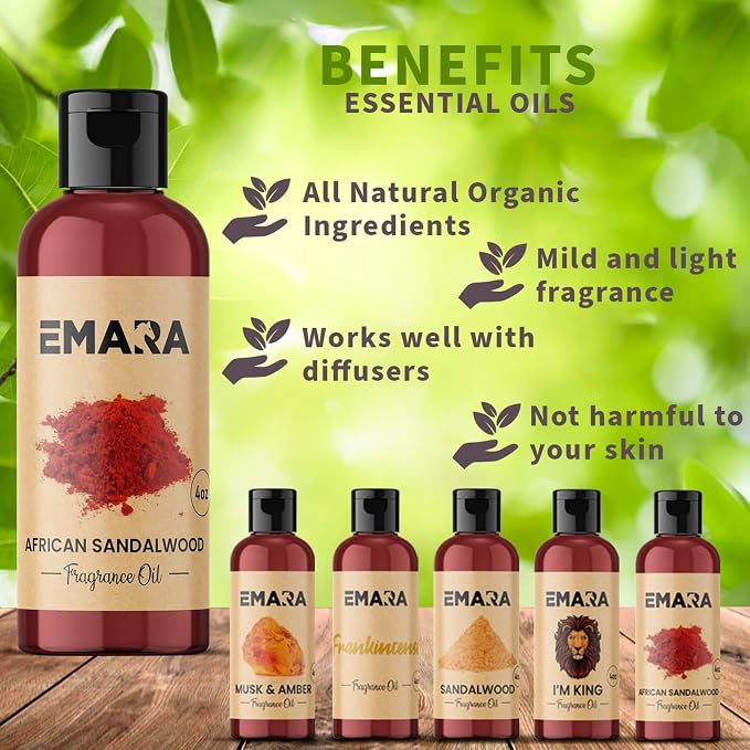 EMARA All Natural Earthy Sandalwood Essential Oil for Diffusers, Skin Care, Aromatherapy Fragrance Oil, Organic Therapeutic Grade 4 fl oz