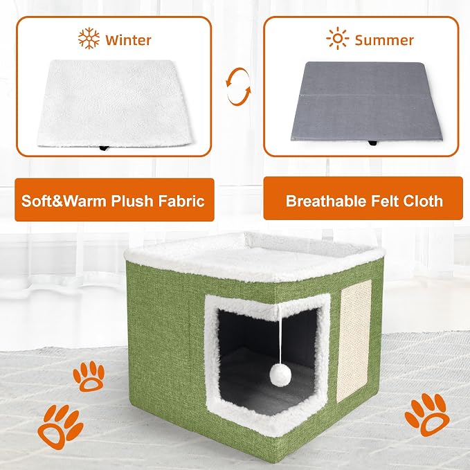 Loyareal Cat Houses for Indoor Cats - Large Cat Bed Cave with Scratch Pad and Fluffy Ball, Foldable Cat Condo Hideaway with Reversible Cushion for Multi Small Pet, Green