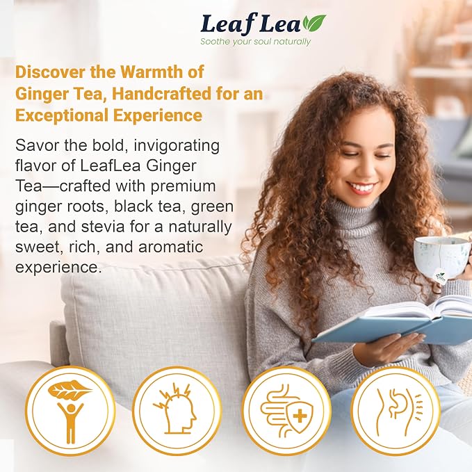 LeafLea Green Tea With Ginger Bags, Digestion & Immune Support, 40 Count | Soothing Ginger Green Tea Blend, Stevia-Sweetened, Low Caffeine, Sugar-Free, Foil-Wrapped Bags