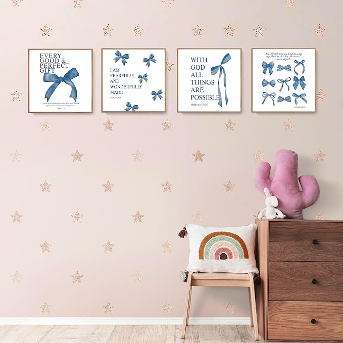 LARTSFRO Coquette Navy Blue Bow Wall Art Decor Posters, Navy Blue Bow Room Bedroom Bathroom Dorm Wall Art Decor Aesthetic for Teen Girls Gifts, Inspirational Bible Verses Bow Wall Decor, 10x10 Inch Set of 4 Pcs Bow Pictures (UNFRAMED)